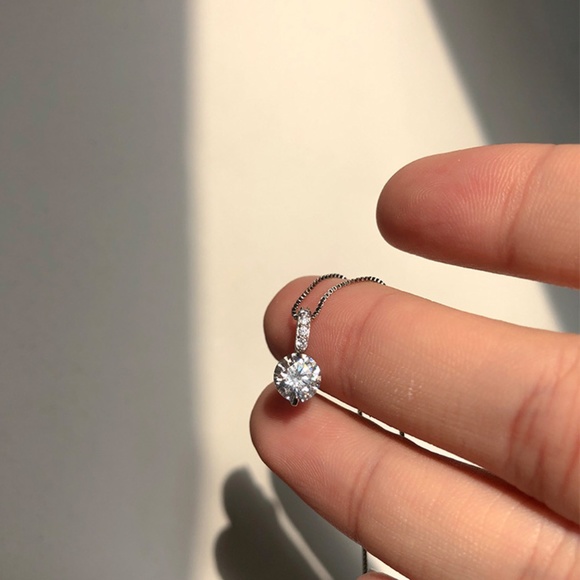 Sterling Silver Drop Bar Round Simulated Diamond Pendant Necklace - Picture 2 of 10